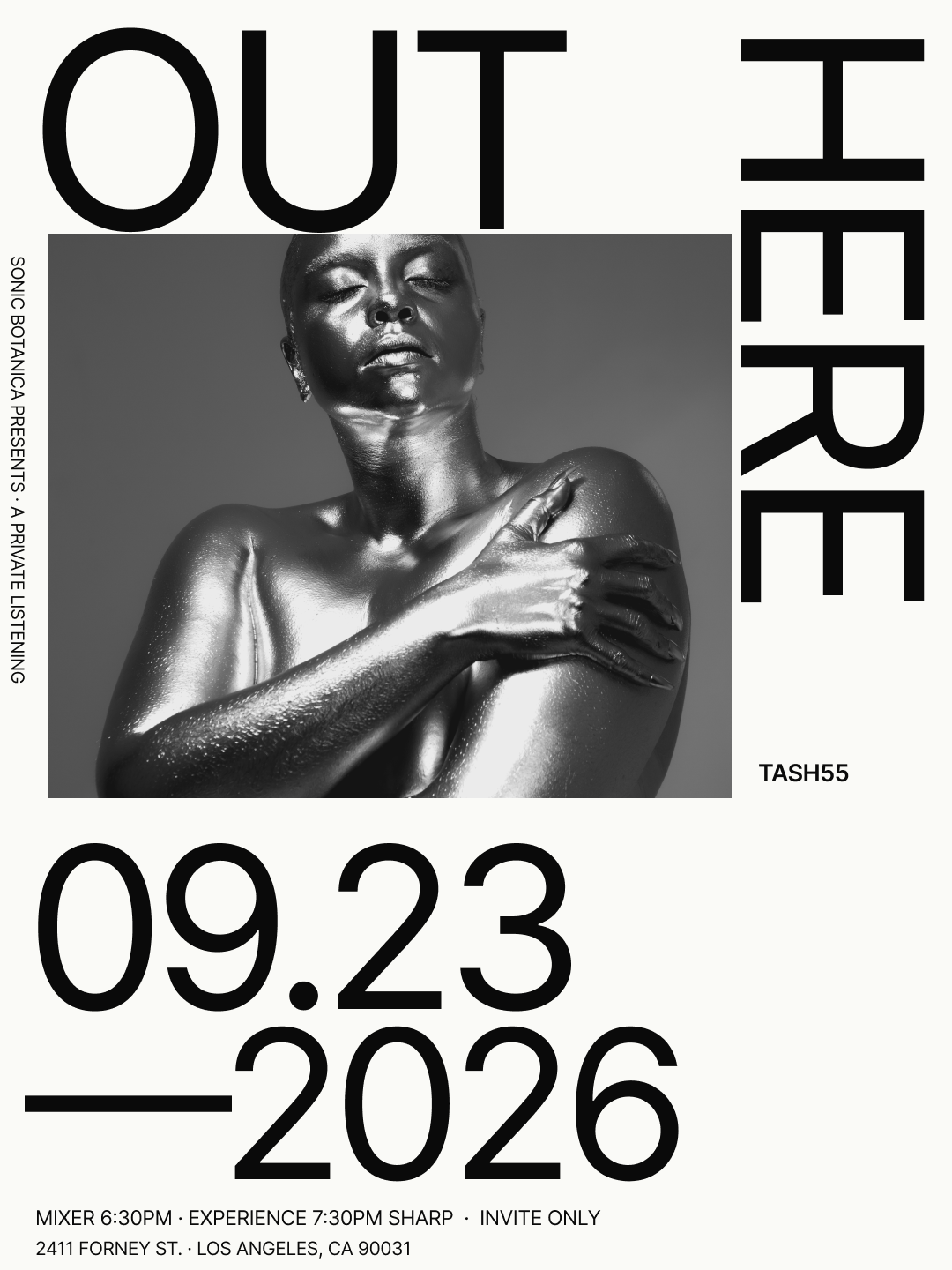 OUT HERE. A silver portrait of Tashi, framed by oversized black lettering. September 23, 2026.